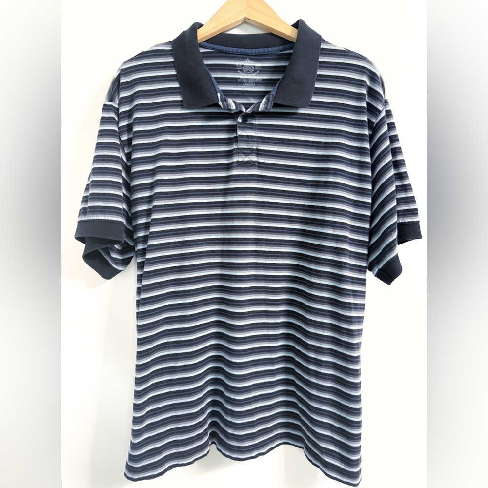 Route 66 Polo Shirt Men’s XL Blue Striped Cotton Short Sleeve